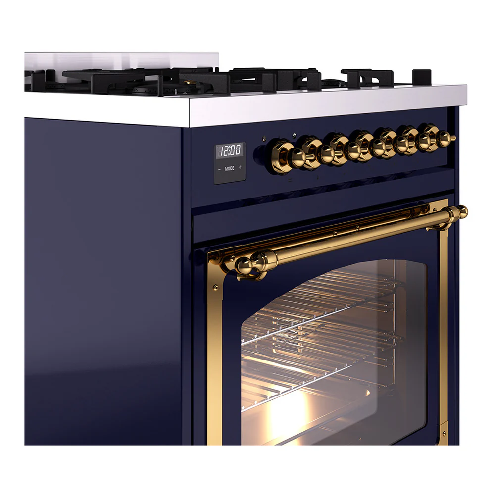 ILVE Nostalgie II Noblesse 30-Inch Natural Gas Dual Fuel Range with Triple Glass Door in Midnight Blue with Brass Trim (UN30NMPMBG) - Image 3