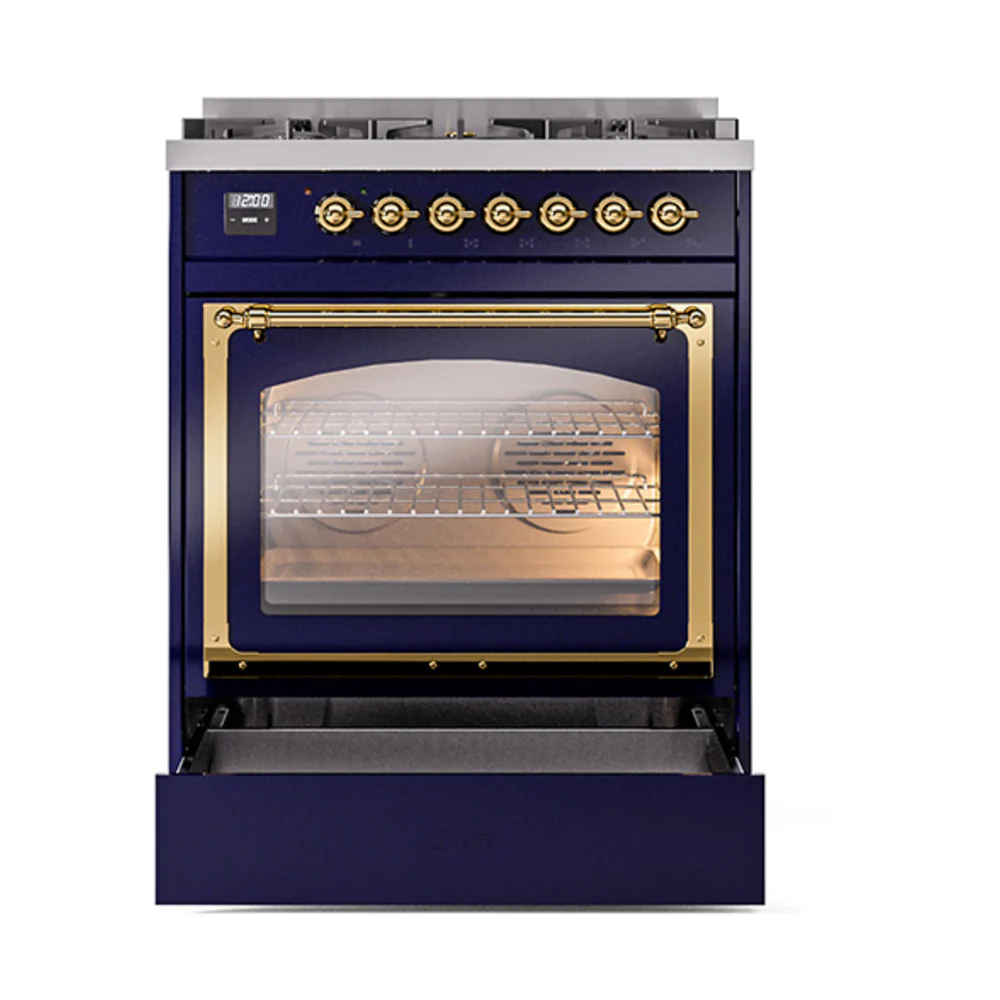 ILVE Nostalgie II Noblesse 30-Inch Natural Gas Dual Fuel Range with Triple Glass Door in Midnight Blue with Brass Trim (UN30NMPMBG) - Image 5