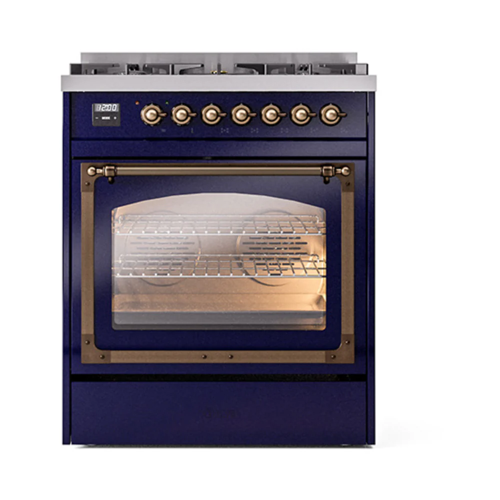 ILVE Nostalgie II Noblesse 30-Inch Natural Gas Dual Fuel Range with Triple Glass Door in Midnight Blue with Bronze Trim (UN30NMPMBB) - Image 2