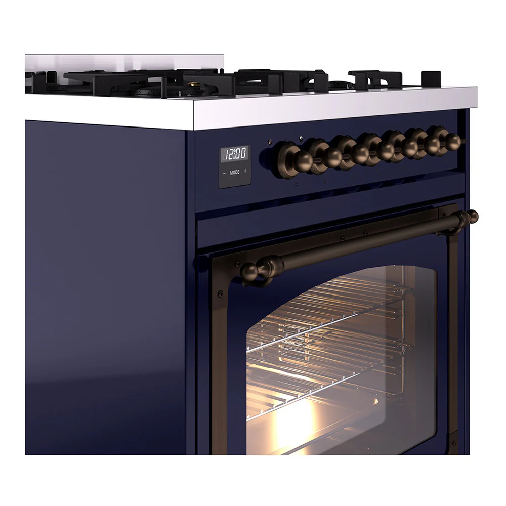 ILVE Nostalgie II Noblesse 30-Inch Natural Gas Dual Fuel Range with Triple Glass Door in Midnight Blue with Bronze Trim (UN30NMPMBB) - Image 3