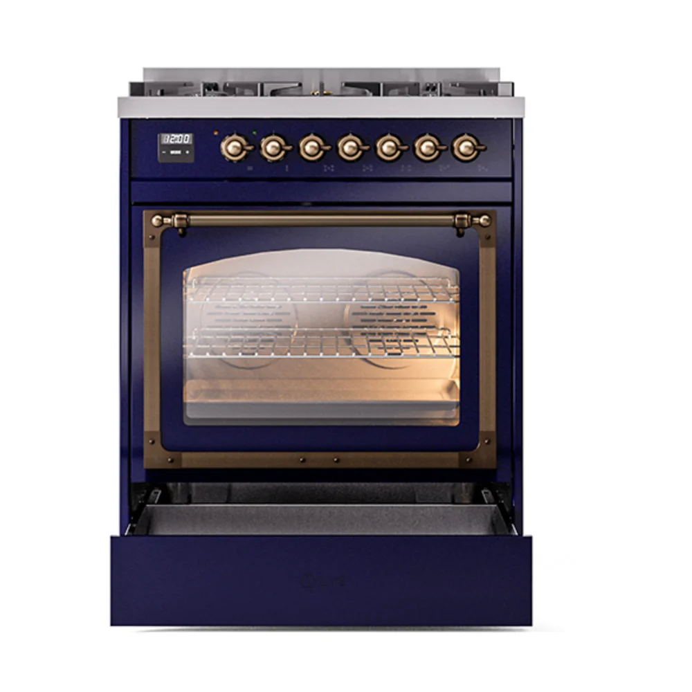 ILVE Nostalgie II Noblesse 30-Inch Natural Gas Dual Fuel Range with Triple Glass Door in Midnight Blue with Bronze Trim (UN30NMPMBB) - Image 5