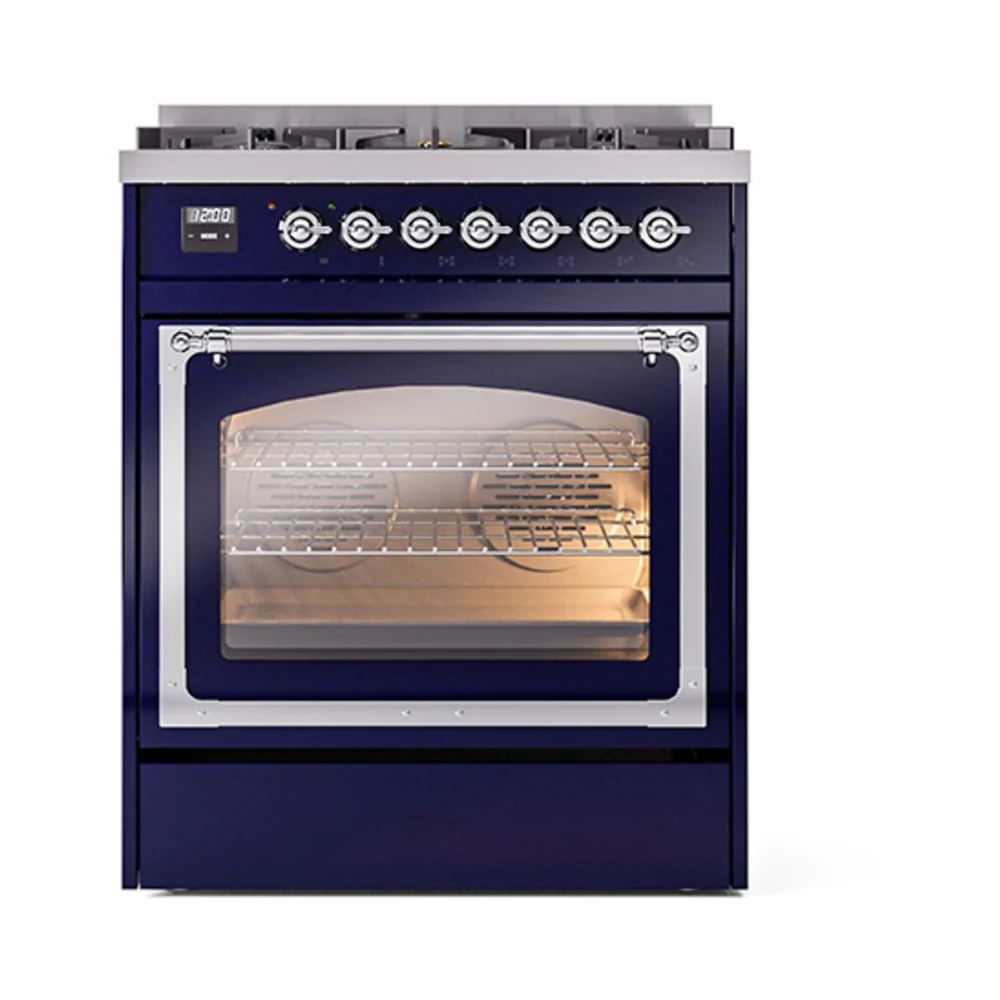 ILVE Nostalgie II Noblesse 30-Inch Natural Gas Dual Fuel Range with Triple Glass Door in Midnight Blue with Chrome Trim (UN30NMPMBC) - Image 2