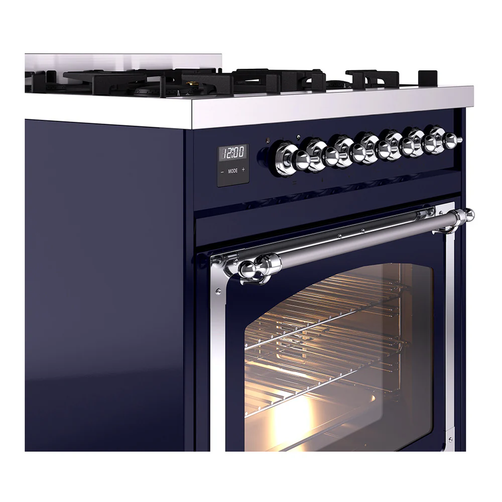 ILVE Nostalgie II Noblesse 30-Inch Natural Gas Dual Fuel Range with Triple Glass Door in Midnight Blue with Chrome Trim (UN30NMPMBC) - Image 3
