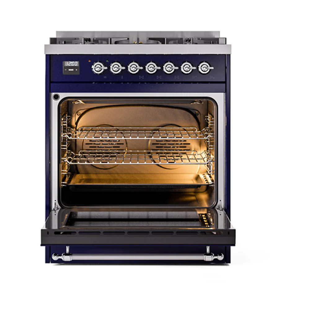 ILVE Nostalgie II Noblesse 30-Inch Natural Gas Dual Fuel Range with Triple Glass Door in Midnight Blue with Chrome Trim (UN30NMPMBC) - Image 5