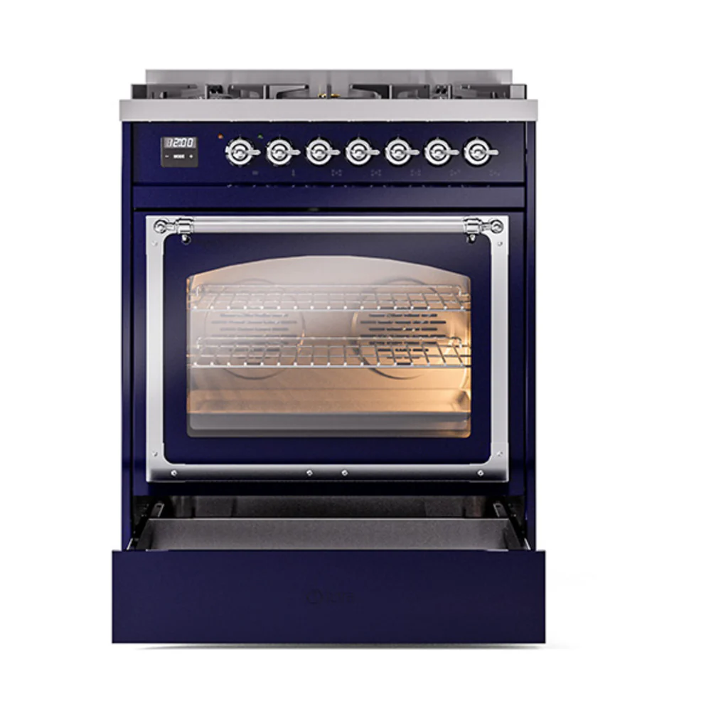ILVE Nostalgie II Noblesse 30-Inch Natural Gas Dual Fuel Range with Triple Glass Door in Midnight Blue with Chrome Trim (UN30NMPMBC) - Image 6
