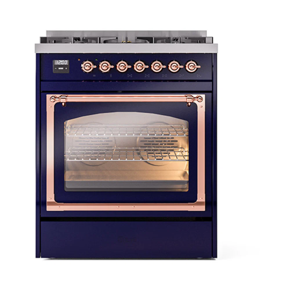 ILVE Nostalgie II Noblesse 30-Inch Natural Gas Dual Fuel Range with Triple Glass Door in Midnight Blue with Copper Trim (UN30NMPMBP) - Image 2