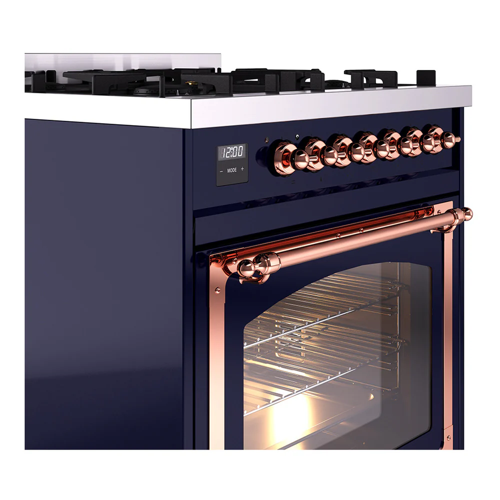 ILVE Nostalgie II Noblesse 30-Inch Natural Gas Dual Fuel Range with Triple Glass Door in Midnight Blue with Copper Trim (UN30NMPMBP) - Image 3