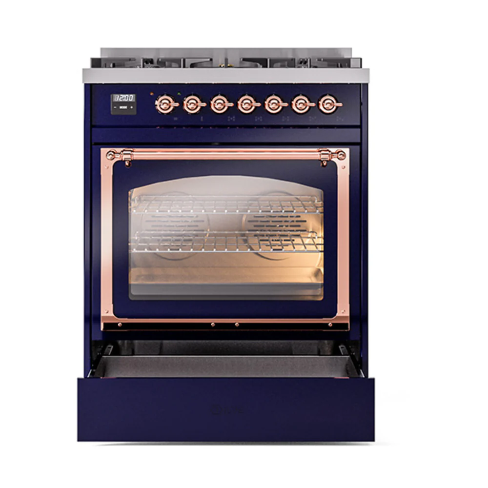 ILVE Nostalgie II Noblesse 30-Inch Natural Gas Dual Fuel Range with Triple Glass Door in Midnight Blue with Copper Trim (UN30NMPMBP) - Image 6