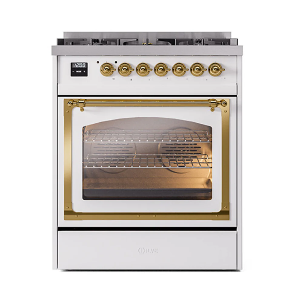 ILVE Nostalgie II Noblesse 30-Inch Natural Gas Dual Fuel Range with Triple Glass Door in RAL with Brass Trim (UN30NMPRAG) - Image 2