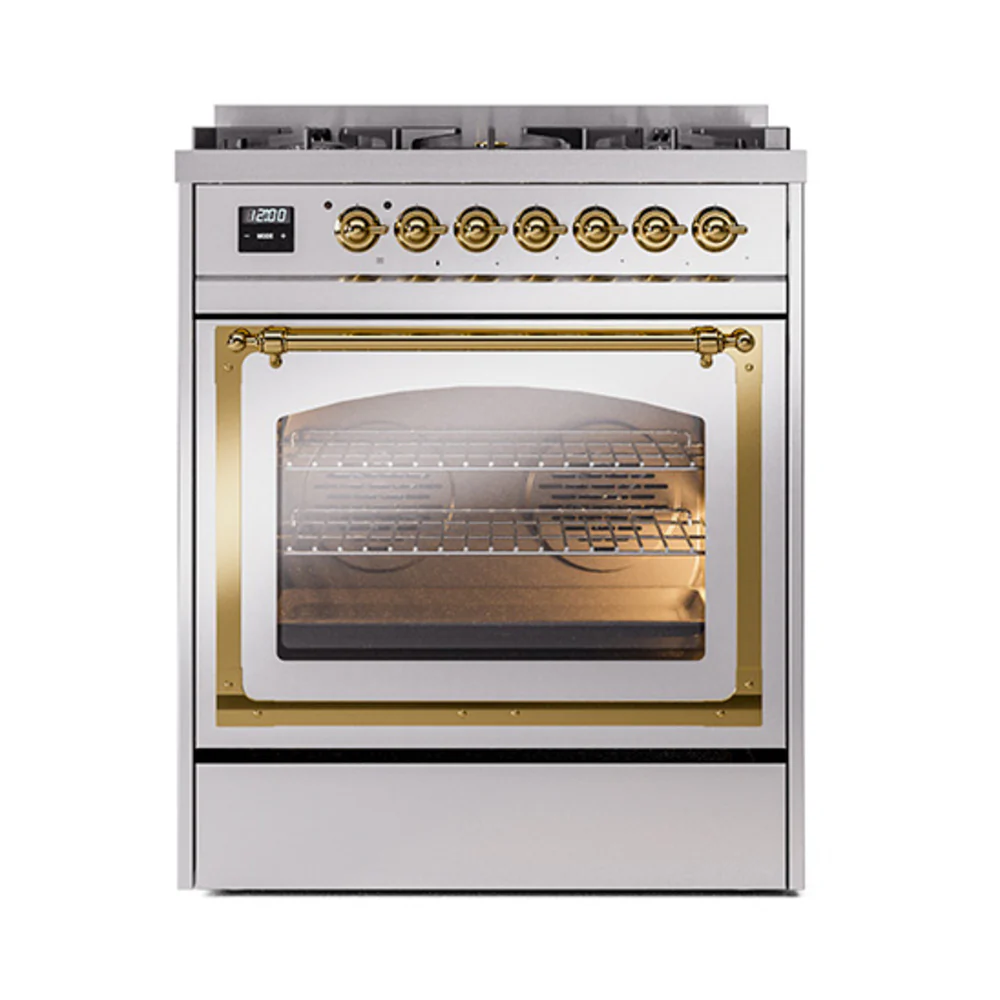 ILVE Nostalgie II Noblesse 30-Inch Natural Gas Dual Fuel Range with Triple Glass Door in Stainless Steel with Brass Trim (UN30NMPSSG) - Image 2