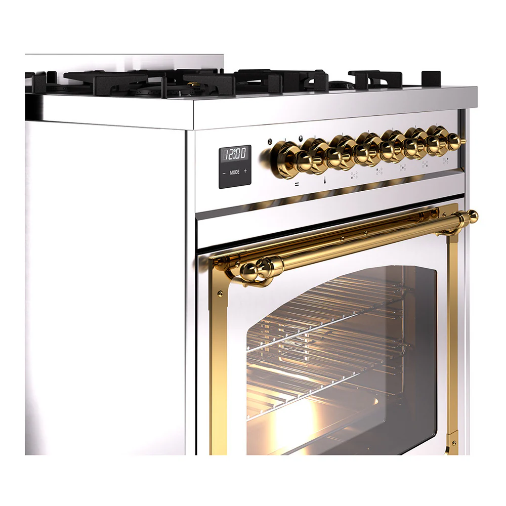 ILVE Nostalgie II Noblesse 30-Inch Natural Gas Dual Fuel Range with Triple Glass Door in Stainless Steel with Brass Trim (UN30NMPSSG) - Image 3