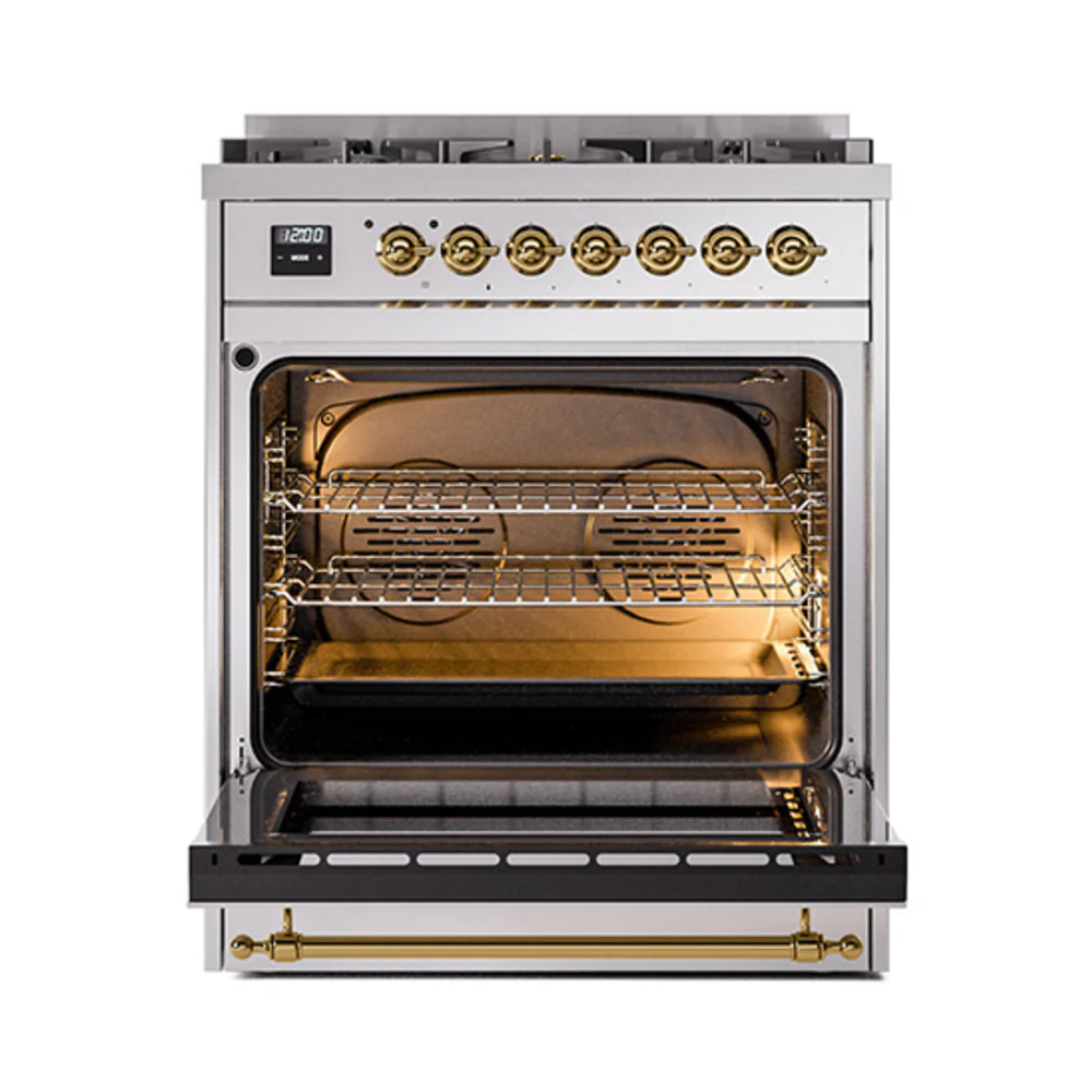 ILVE Nostalgie II Noblesse 30-Inch Natural Gas Dual Fuel Range with Triple Glass Door in Stainless Steel with Brass Trim (UN30NMPSSG) - Image 5