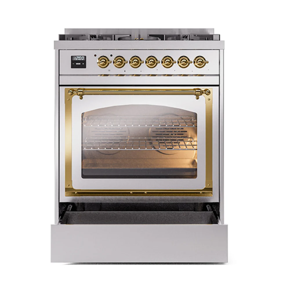 ILVE Nostalgie II Noblesse 30-Inch Natural Gas Dual Fuel Range with Triple Glass Door in Stainless Steel with Brass Trim (UN30NMPSSG) - Image 6