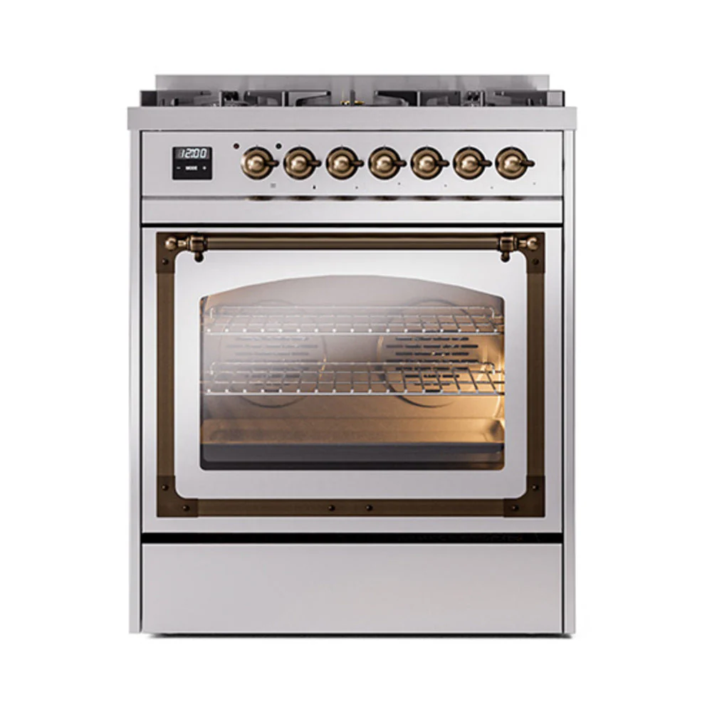 ILVE Nostalgie II Noblesse 30-Inch Natural Gas Dual Fuel Range with Triple Glass Door in Stainless Steel with Bronze Trim (UN30NMPSSB) - Image 2