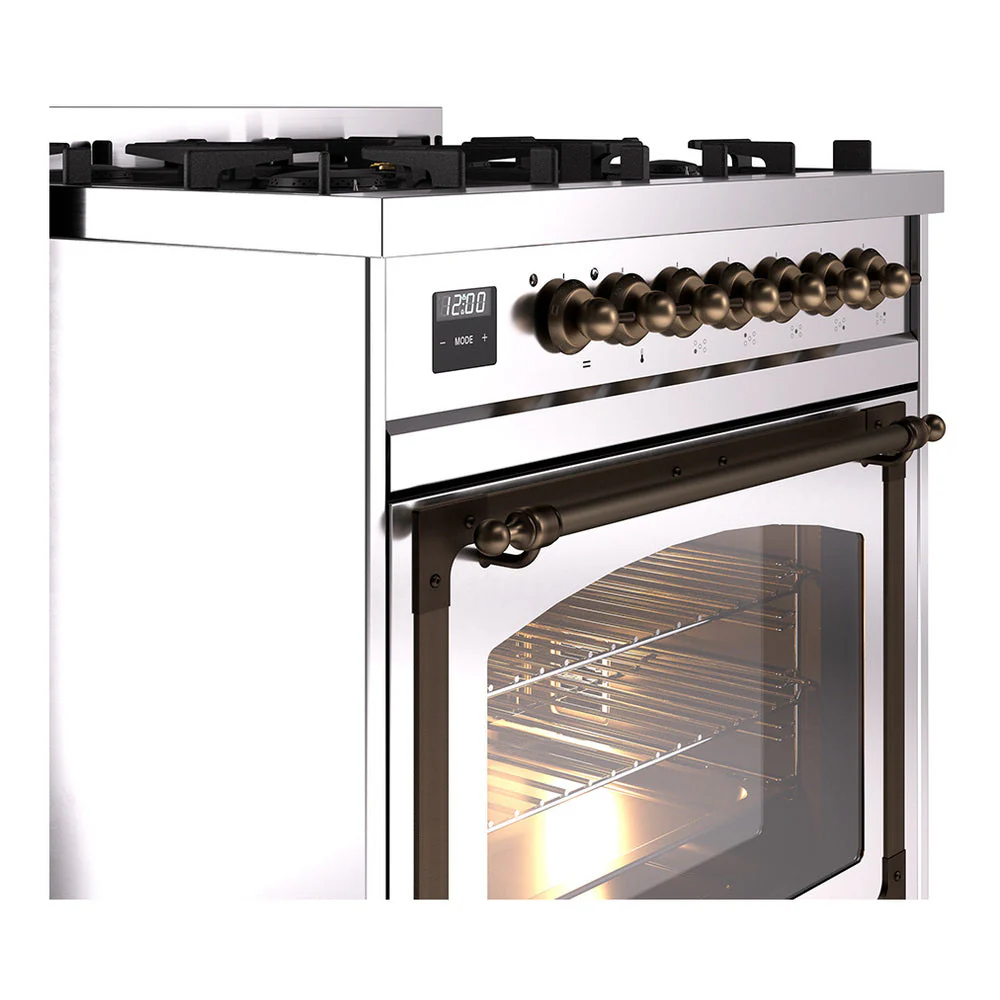 ILVE Nostalgie II Noblesse 30-Inch Natural Gas Dual Fuel Range with Triple Glass Door in Stainless Steel with Bronze Trim (UN30NMPSSB) - Image 3