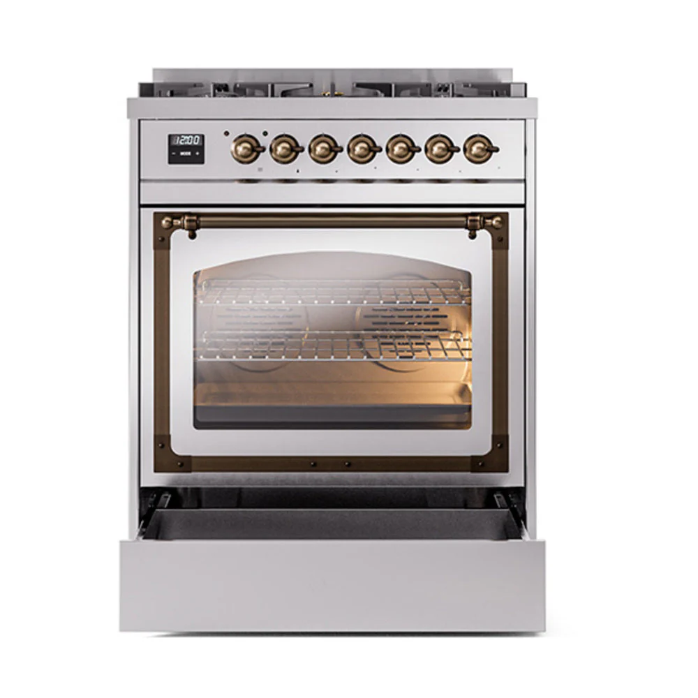 ILVE Nostalgie II Noblesse 30-Inch Natural Gas Dual Fuel Range with Triple Glass Door in Stainless Steel with Bronze Trim (UN30NMPSSB) - Image 7