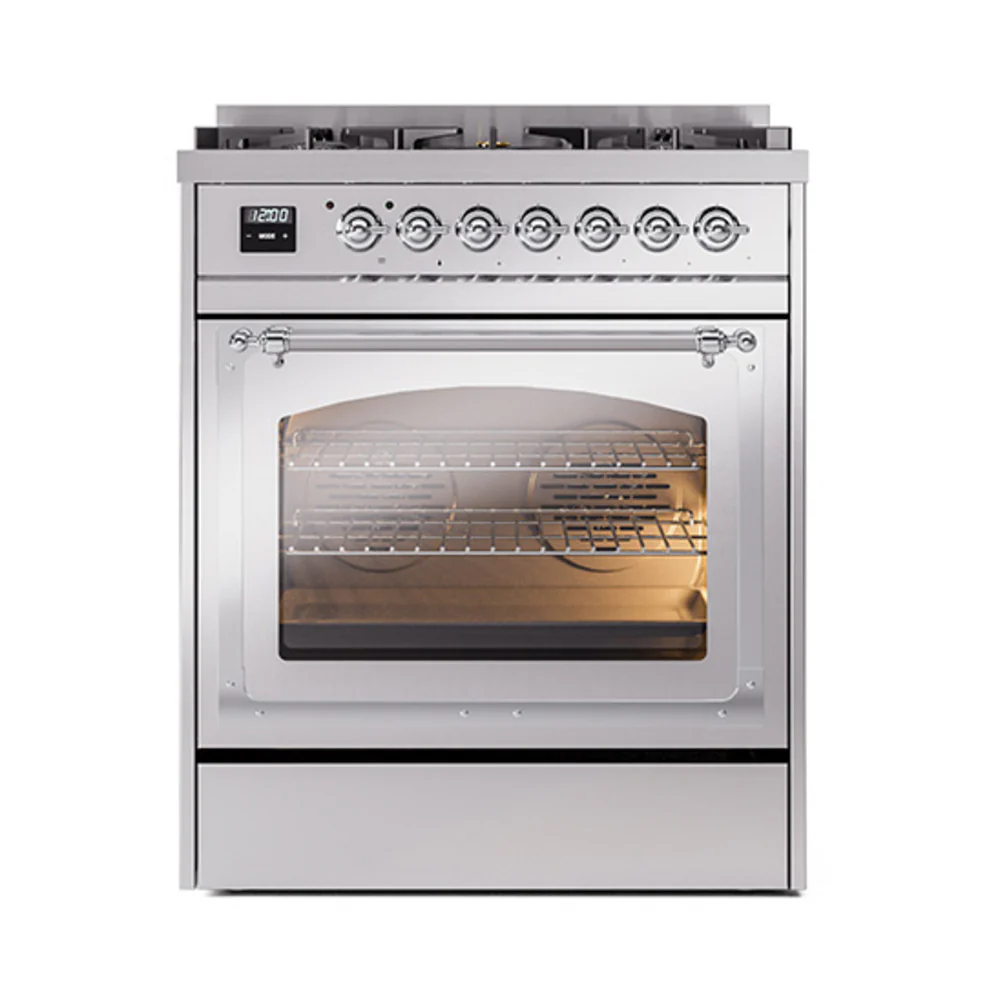 ILVE Nostalgie II Noblesse 30-Inch Natural Gas Dual Fuel Range with Triple Glass Door in Stainless Steel with Chrome Trim (UN30NMPSSC) - Image 2