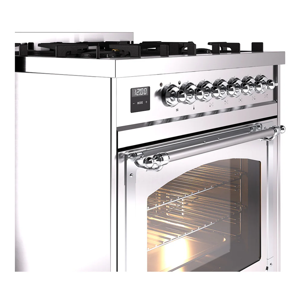 ILVE Nostalgie II Noblesse 30-Inch Natural Gas Dual Fuel Range with Triple Glass Door in Stainless Steel with Chrome Trim (UN30NMPSSC) - Image 3