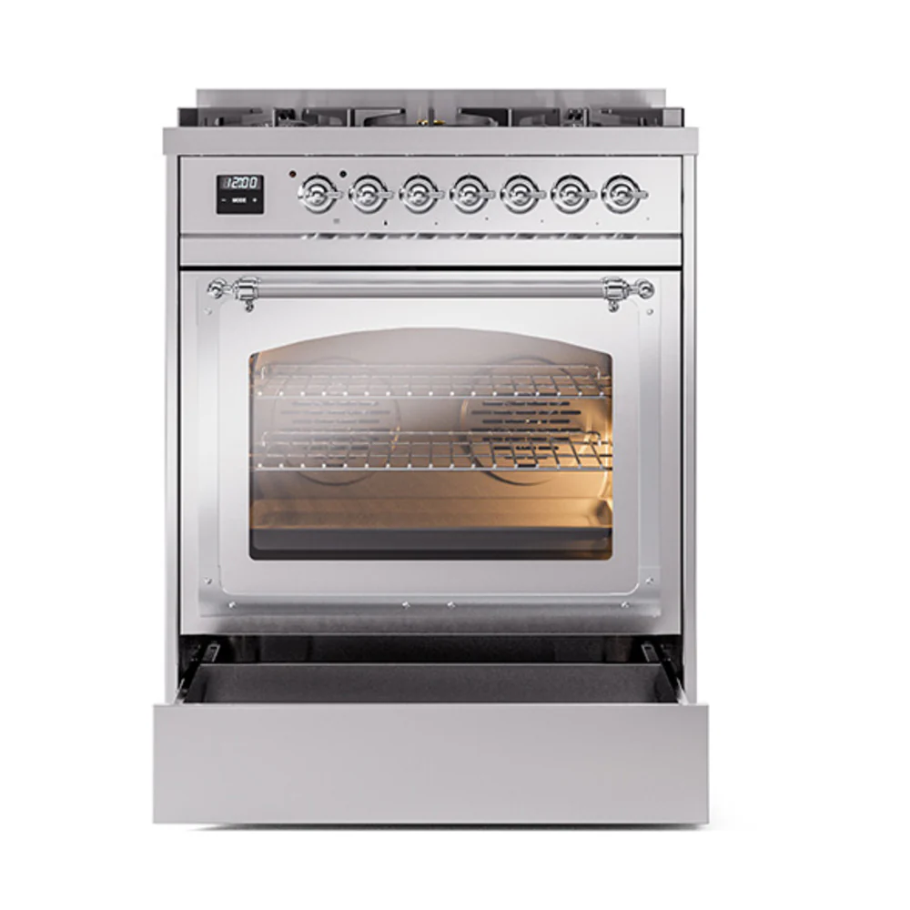 ILVE Nostalgie II Noblesse 30-Inch Natural Gas Dual Fuel Range with Triple Glass Door in Stainless Steel with Chrome Trim (UN30NMPSSC) - Image 6