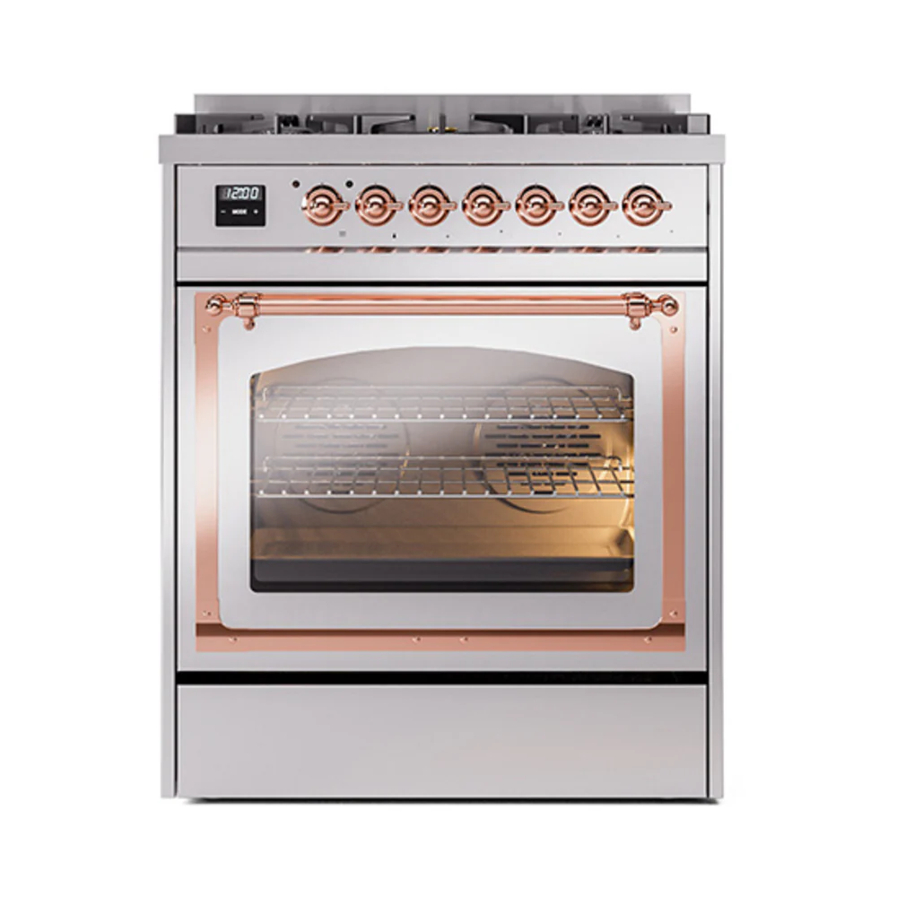 ILVE Nostalgie II Noblesse 30-Inch Natural Gas Dual Fuel Range with Triple Glass Door in Stainless Steel with Copper Trim (UN30NMPSSP) - Image 2