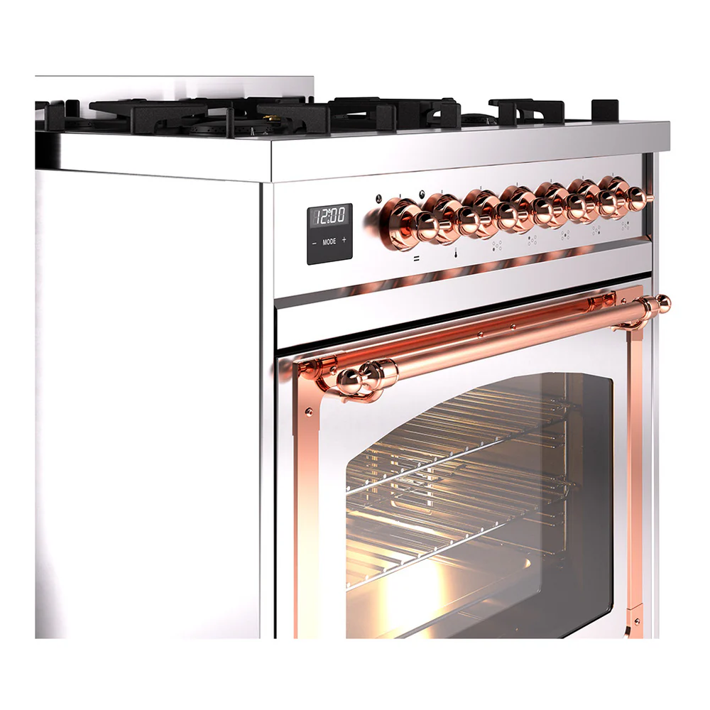 ILVE Nostalgie II Noblesse 30-Inch Natural Gas Dual Fuel Range with Triple Glass Door in Stainless Steel with Copper Trim (UN30NMPSSP) - Image 3