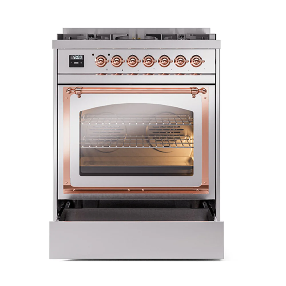 ILVE Nostalgie II Noblesse 30-Inch Natural Gas Dual Fuel Range with Triple Glass Door in Stainless Steel with Copper Trim (UN30NMPSSP) - Image 7