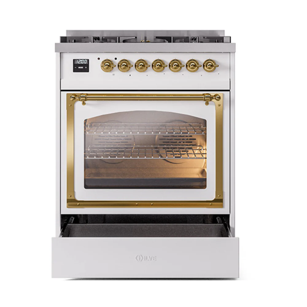 ILVE Nostalgie II Noblesse 30-Inch Natural Gas Dual Fuel Range with Triple Glass Door in White with Brass Trim (UN30NMPWHG) - Image 2
