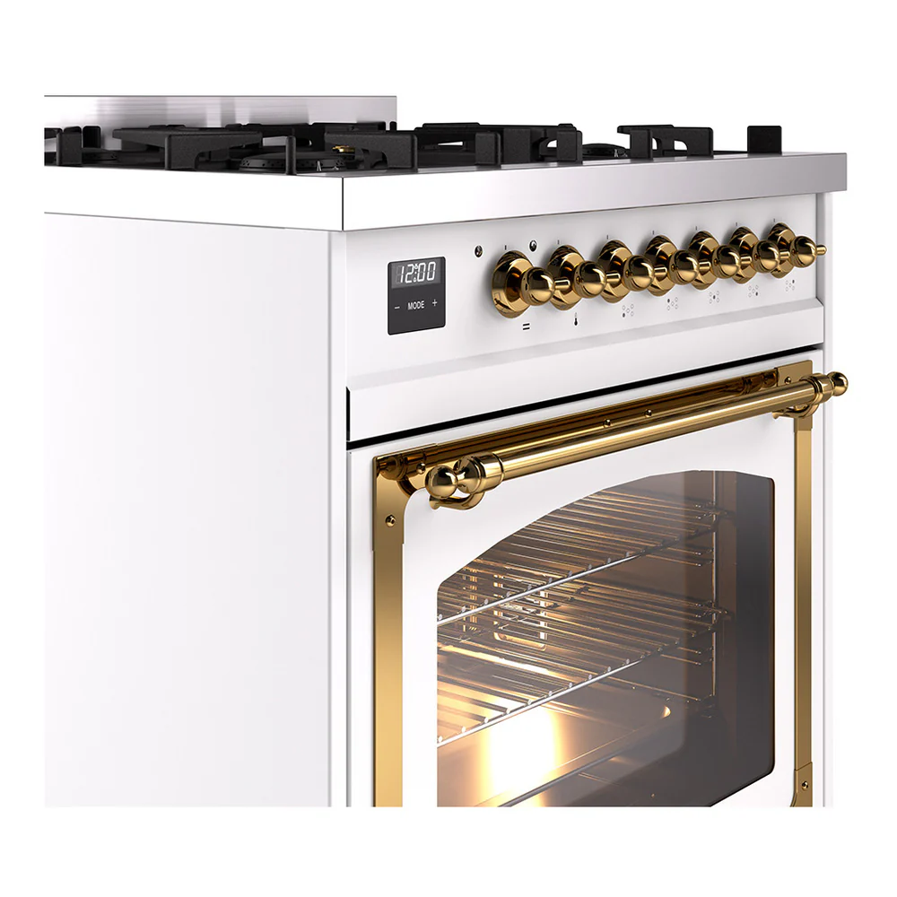 ILVE Nostalgie II Noblesse 30-Inch Natural Gas Dual Fuel Range with Triple Glass Door in White with Brass Trim (UN30NMPWHG) - Image 3