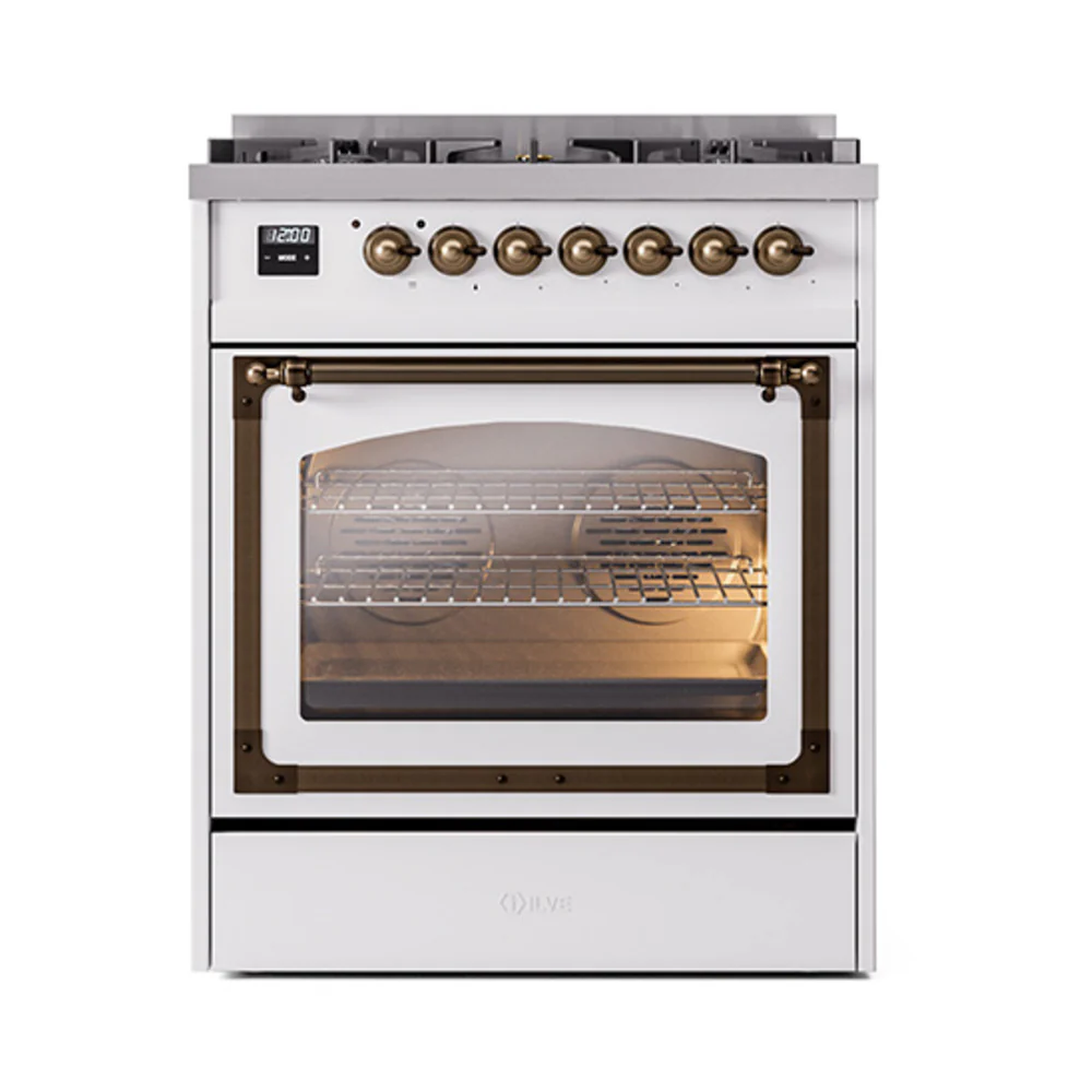 ILVE Nostalgie II Noblesse 30-Inch Natural Gas Dual Fuel Range with Triple Glass Door in White with Bronze Trim (UN30NMPWHB) - Image 2