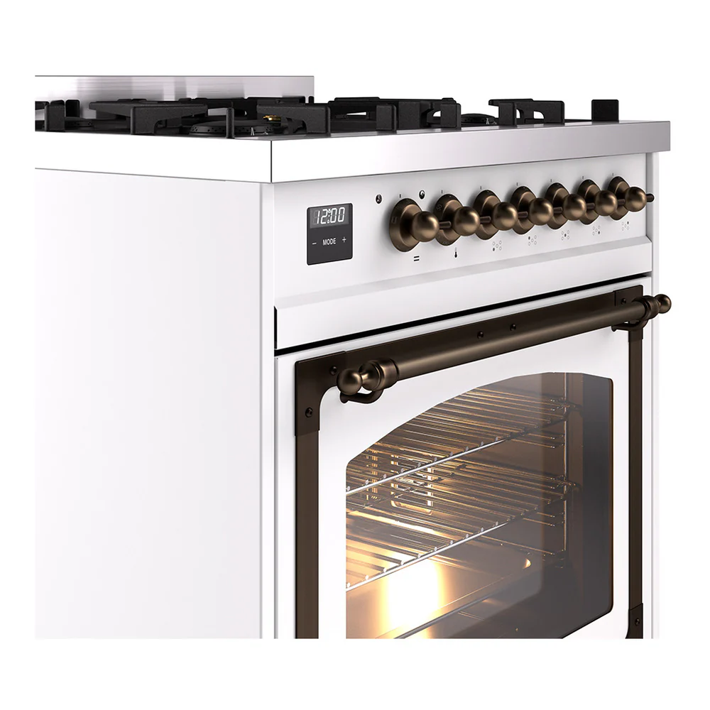 ILVE Nostalgie II Noblesse 30-Inch Natural Gas Dual Fuel Range with Triple Glass Door in White with Bronze Trim (UN30NMPWHB) - Image 3