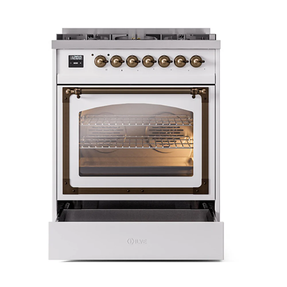 ILVE Nostalgie II Noblesse 30-Inch Natural Gas Dual Fuel Range with Triple Glass Door in White with Bronze Trim (UN30NMPWHB) - Image 7