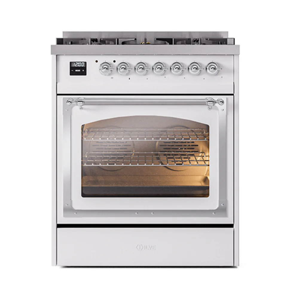 ILVE Nostalgie II Noblesse 30-Inch Natural Gas Dual Fuel Range with Triple Glass Door in White with Chrome Trim (UN30NMPWHC) - Image 2