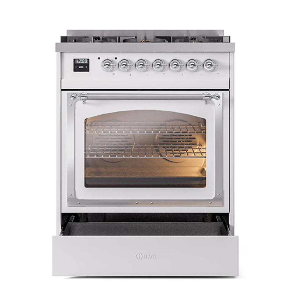 ILVE Nostalgie II Noblesse 30-Inch Natural Gas Dual Fuel Range with Triple Glass Door in White with Chrome Trim (UN30NMPWHC) - Image 7
