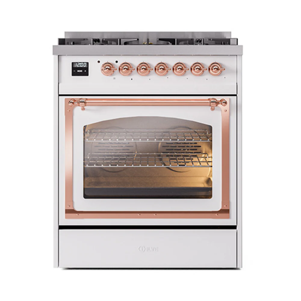 ILVE Nostalgie II Noblesse 30-Inch Natural Gas Dual Fuel Range with Triple Glass Door in White with Copper Trim (UN30NMPWHP) - Image 2