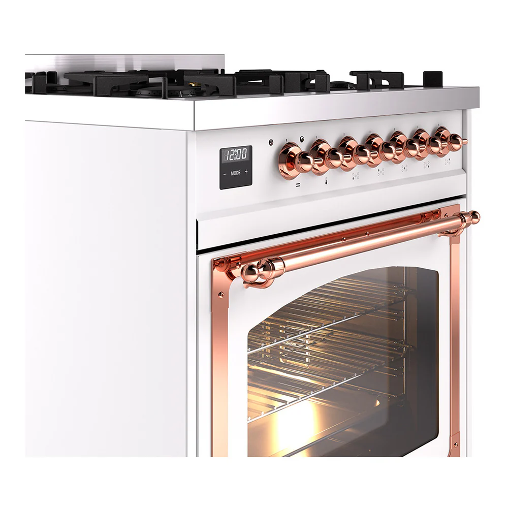 ILVE Nostalgie II Noblesse 30-Inch Natural Gas Dual Fuel Range with Triple Glass Door in White with Copper Trim (UN30NMPWHP) - Image 3