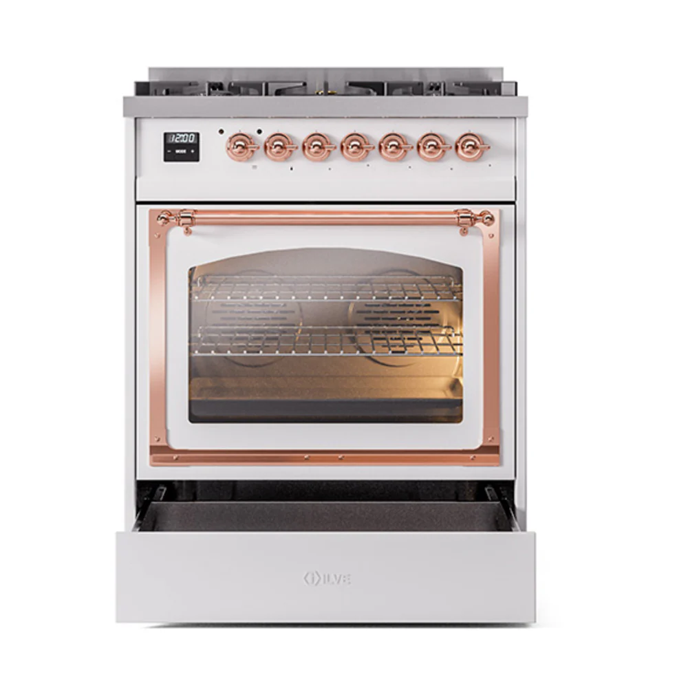 ILVE Nostalgie II Noblesse 30-Inch Natural Gas Dual Fuel Range with Triple Glass Door in White with Copper Trim (UN30NMPWHP) - Image 6