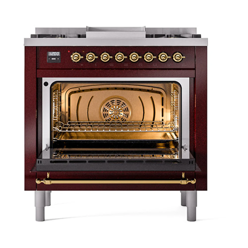 ILVE Nostalgie II Noblesse 36-Inch Natural Gas Dual Fuel Range and Solid Door Oven in Burgundy with Brass Trim (UN36FQNMPBUG) - Image 2
