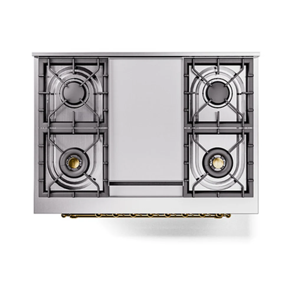 ILVE Nostalgie II Noblesse 36-Inch Natural Gas Dual Fuel Range and Solid Door Oven in Burgundy with Brass Trim (UN36FQNMPBUG) - Image 3