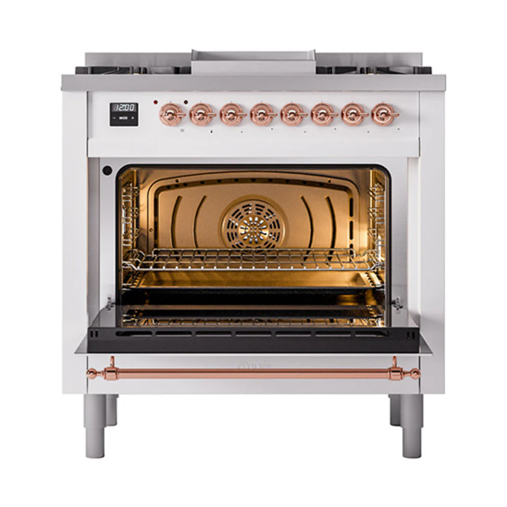 ILVE Nostalgie II Noblesse 36-Inch Natural Gas Dual Fuel Range and Solid Door Oven in Custom RAL with Copper Trim (UN36FQNMPRAP) - Image 2