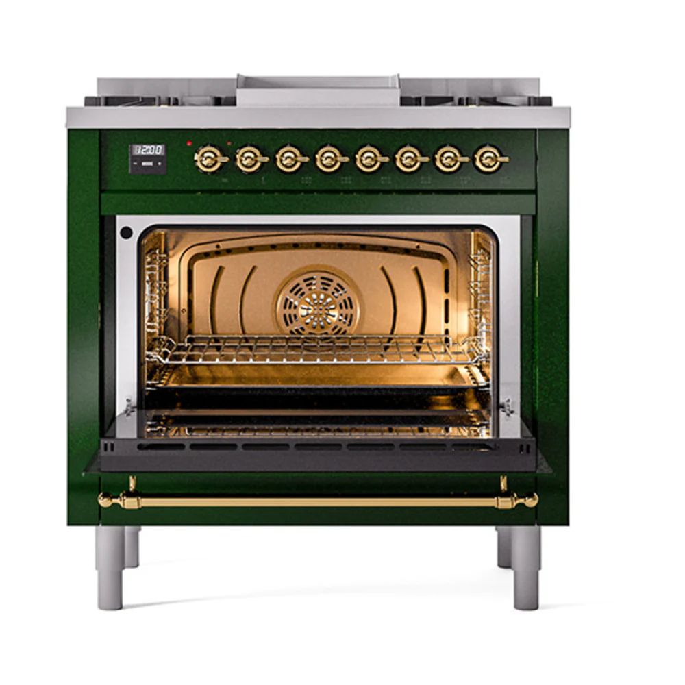 ILVE Nostalgie II Noblesse 36-Inch Natural Gas Dual Fuel Range and Solid Door Oven in Emerald Green with Brass Trim (UN36FQNMPEGG) - Image 2