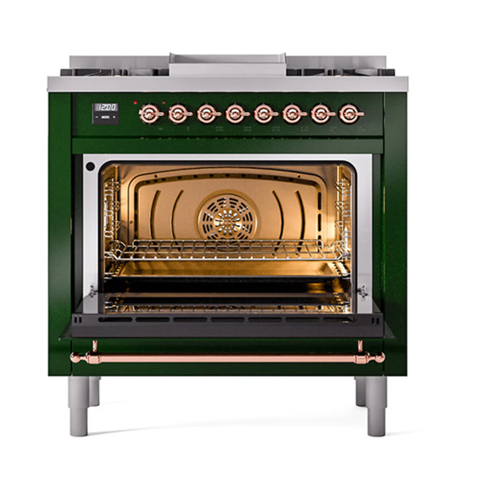 ILVE Nostalgie II Noblesse 36-Inch Natural Gas Dual Fuel Range and Solid Door Oven in Emerald Green with Copper Trim (UN36FQNMPEGP) - Image 2