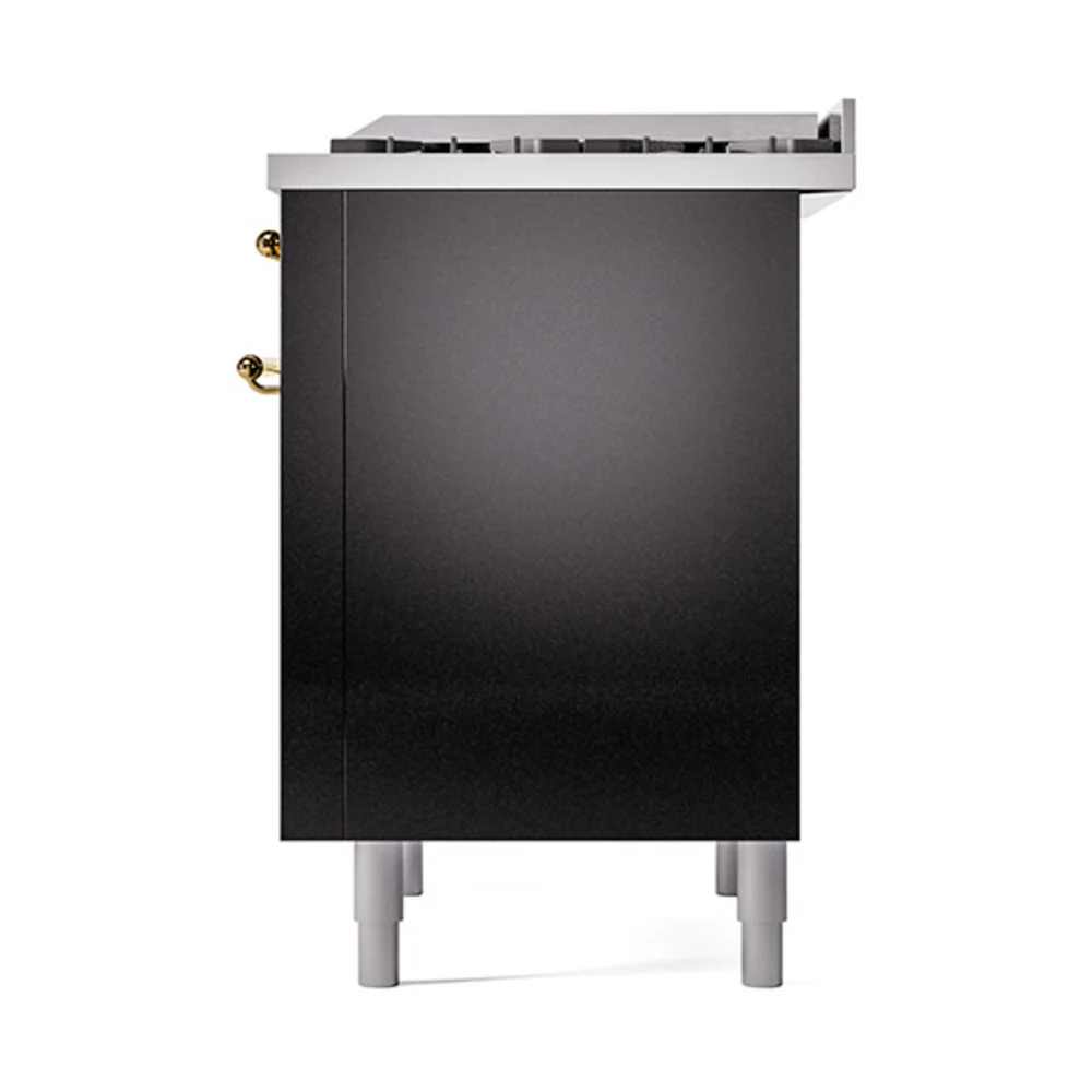 ILVE Nostalgie II Noblesse 36-Inch Natural Gas Dual Fuel Range and Solid Door Oven in Glossy Black with Brass Trim (UN36FQNMPBKG) - Image 5
