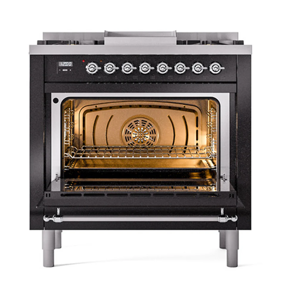 ILVE Nostalgie II Noblesse 36-Inch Natural Gas Dual Fuel Range and Solid Door Oven in Glossy Black with Chrome Trim (UN36FQNMPBKC) - Image 2