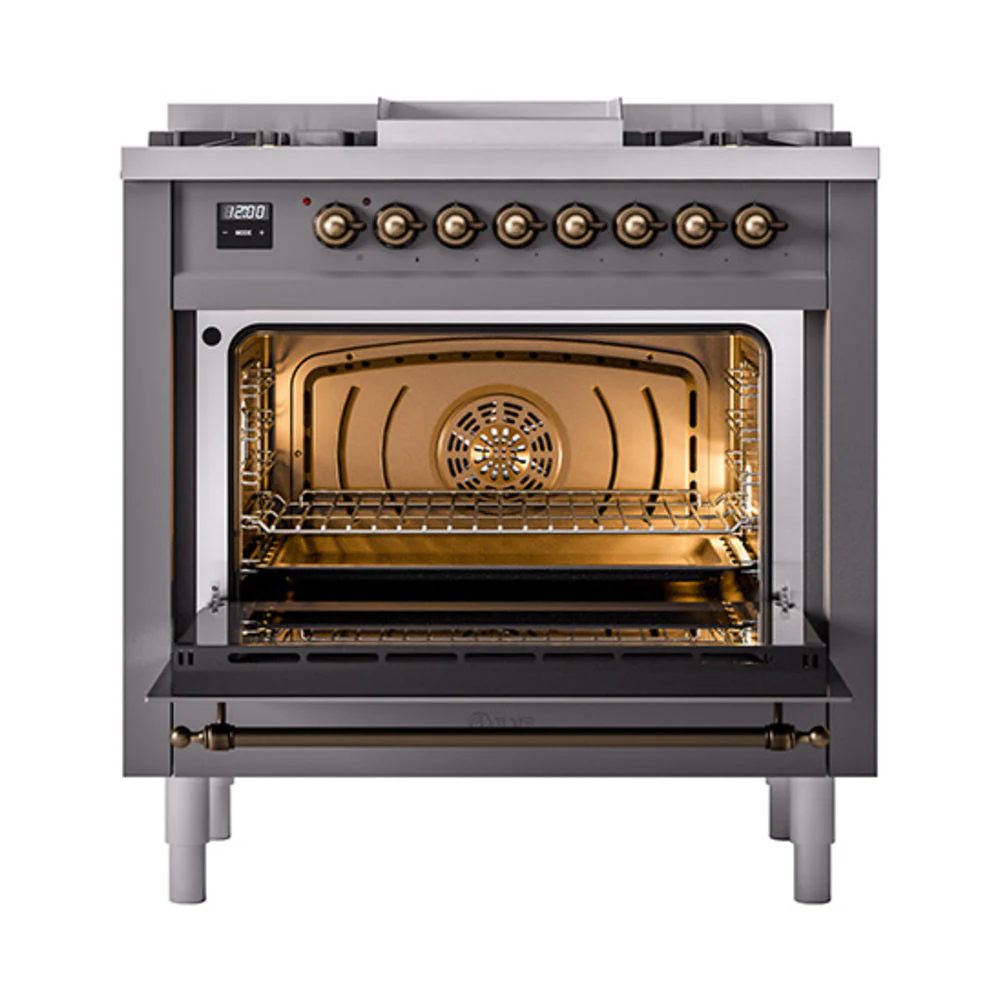 ILVE Nostalgie II Noblesse 36-Inch Natural Gas Dual Fuel Range and Solid Door Oven in Matte Graphite with Bronze Trim (UN36FQNMPMGB) - Image 2