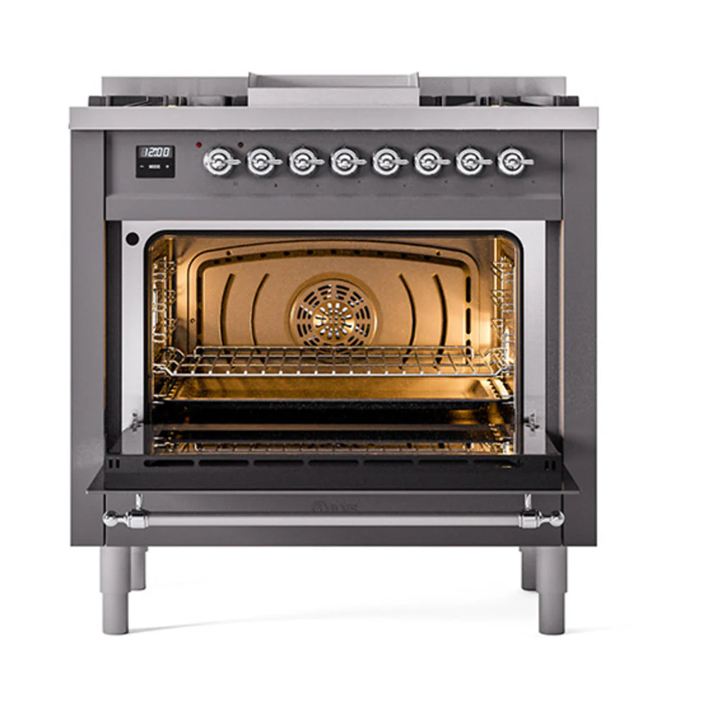 ILVE Nostalgie II Noblesse 36-Inch Natural Gas Dual Fuel Range and Solid Door Oven in Matte Graphite with Chrome Trim (UN36FQNMPMGC) - Image 2