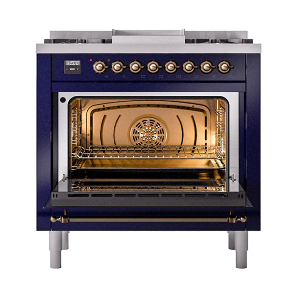 ILVE Nostalgie II Noblesse 36-Inch Natural Gas Dual Fuel Range and Solid Door Oven in Midnight Blue with Bronze Trim (UN36FQNMPMBB) - Image 2