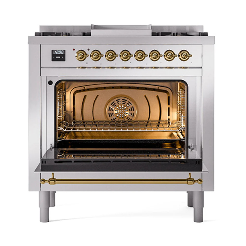 ILVE Nostalgie II Noblesse 36-Inch Natural Gas Dual Fuel Range and Solid Door Oven in Stainless Steel with Brass Trim (UN36FQNMPSSG) - Image 2