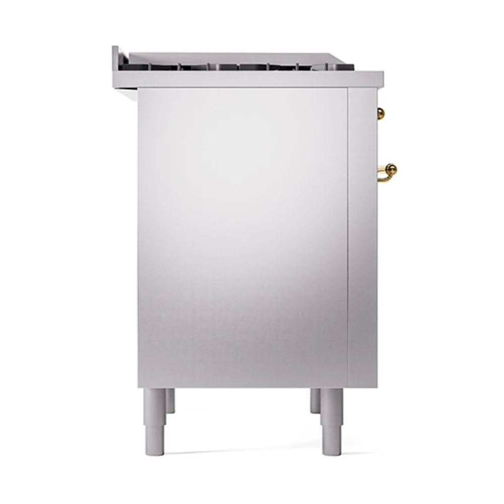 ILVE Nostalgie II Noblesse 36-Inch Natural Gas Dual Fuel Range and Solid Door Oven in Stainless Steel with Brass Trim (UN36FQNMPSSG) - Image 4
