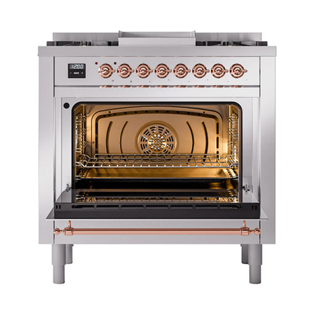 ILVE Nostalgie II Noblesse 36-Inch Natural Gas Dual Fuel Range and Solid Door Oven in Stainless Steel with Copper Trim (UN36FQNMPSSP) - Image 2