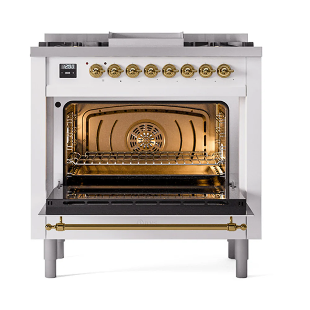 ILVE Nostalgie II Noblesse 36-Inch Natural Gas Dual Fuel Range and Solid Door Oven in White with Brass Trim (UN36FQNMPWHG) - Image 2